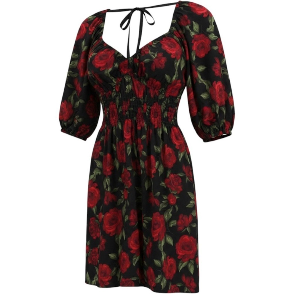 Old Navy Womens XS Red Rose Floral Smocked Waist Puff Sleeve Mini Dress NWT